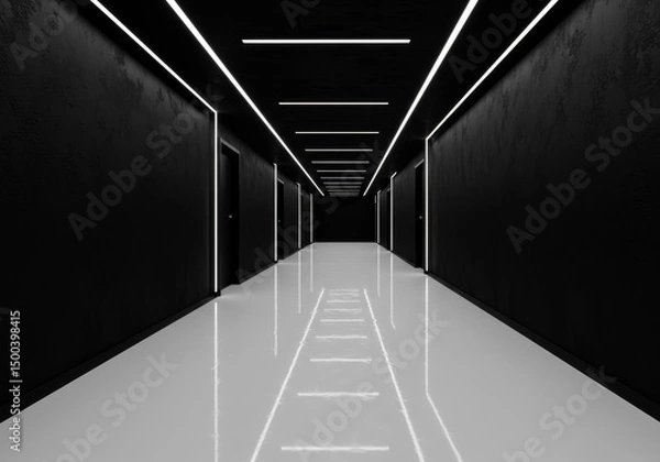 Fototapeta 3D Render of Modern Black and White Hallway with Bright Lighting and Geometric Design