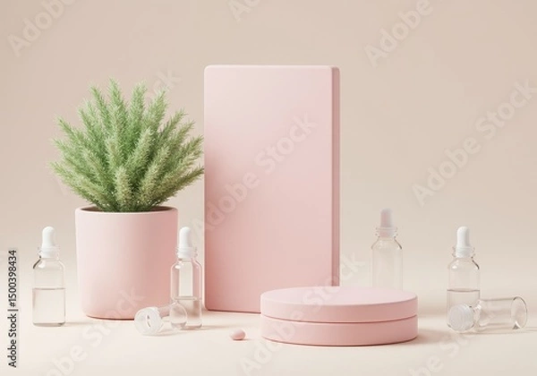Fototapeta 3D Render of Pink Podium with Cosmetics and Plant on Pastel Background