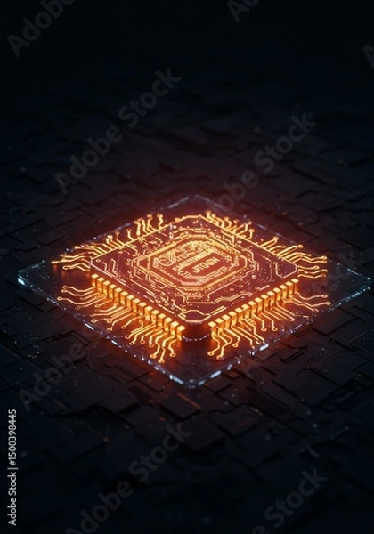 Fototapeta 3D Render of Orange Glowing Circuit Board Technology on Dark Grid Surface