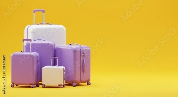 Fototapeta 3D Render of Purple and White Suitcases on a Yellow Background For Travel Photo