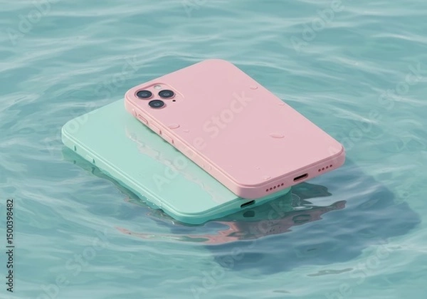 Fototapeta 3D Render of Two Smartphones Floating on Water with Pink and Blue Colors