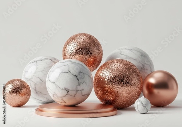 Fototapeta 3D Render Of Spheres With Gold And Marble Texture On White Background