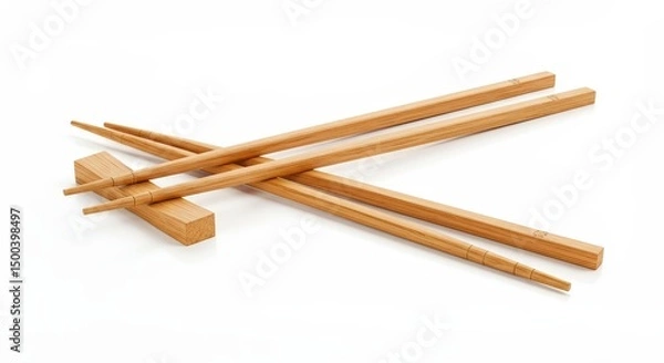 Fototapeta 3D Render of Wooden Chopsticks in Brown on White Background Abstract Cutlery