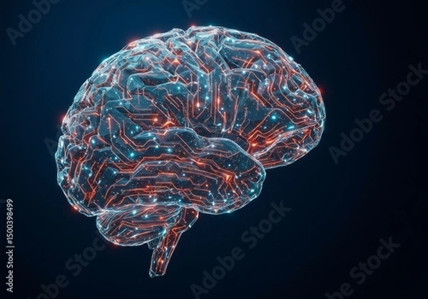 Fototapeta 3D Rendered Abstract Brain With Glowing Circuit Network Against a Dark Blue Background