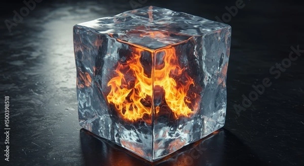 Fototapeta 3D Rendered Abstract Cube of Ice Enclosing Flames Burning Inside with Orange Glow