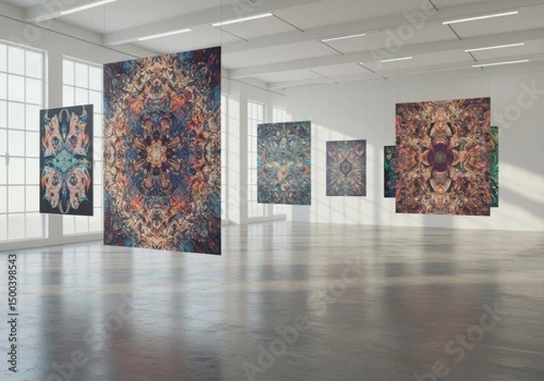 Fototapeta 3D Rendered Art Gallery Displaying Abstract Colorful Pixelated Art Pieces