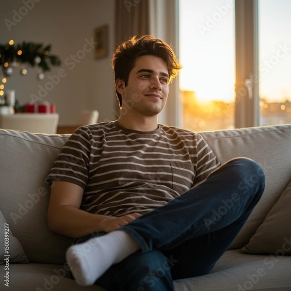 Fototapeta A Young Man At Home Relaxing on a Couch with Sunset Light in the Background
