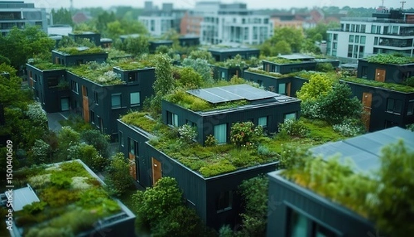 Fototapeta A photograph of a city with green rooftops and solar panels, Renewable, Modern and ecoconscious