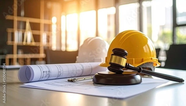 Fototapeta Construction Law Gavel with Plans, and Helmets.