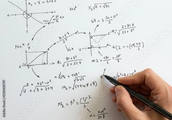 Fototapeta Hand Writes Math Formulas on White Paper Close Up Photo Illustration
