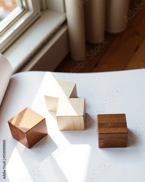 Obraz Wooden Cubes: Three handcrafted wooden cubes casting shadows on a white surface.