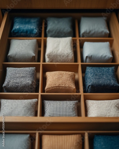 Obraz Organized assortment of decorative throw pillows neatly arranged in a wooden shelf unit.