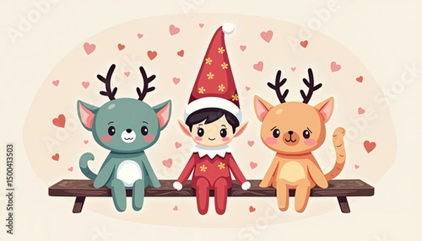 Obraz Elf on the Shelf with cute animals sitting  surrounded by hearts  