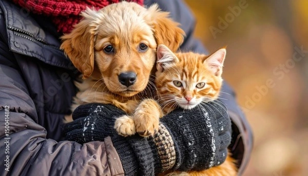 Fototapeta Puppy and kitten autumn cuddle.