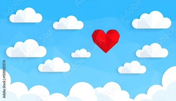 Fototapeta Red Heart Sky Clouds Low Poly.