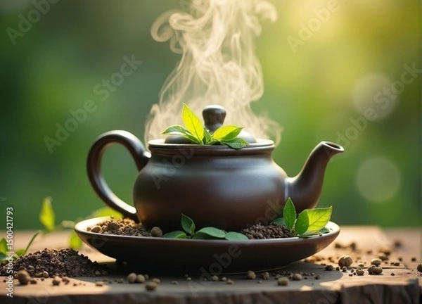 Obraz A teapot with steam coming out of it sitting on a plate.