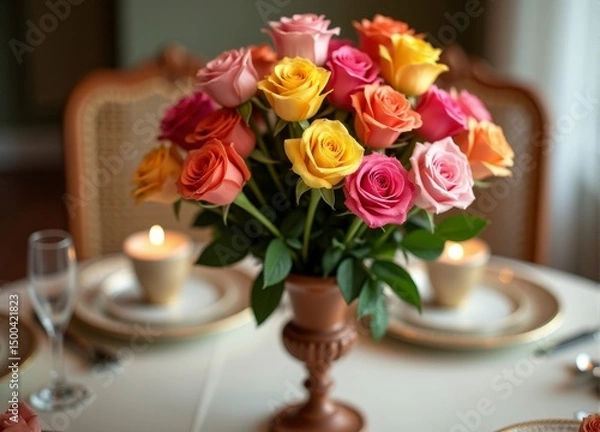 Obraz A vase filled with pink and yellow roses sitting on a table.