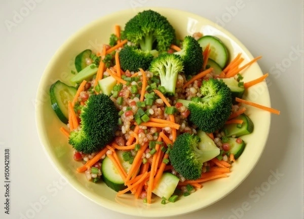 Obraz A yellow bowl filled with broccoli, carrots and cucumbers.