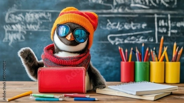 Fototapeta Cool Penguin Student Ready to Learn at School