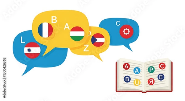 Obraz A vector illustration of language learning: speech bubbles with different country flag icons and letters, or an open book with language symbols.