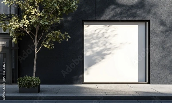 Fototapeta A minimalist storefront with a blank white square display window, set against a dark grey textured wall, partially shaded by a tree and its leaves.  A small bush sits in a planter beside the wall