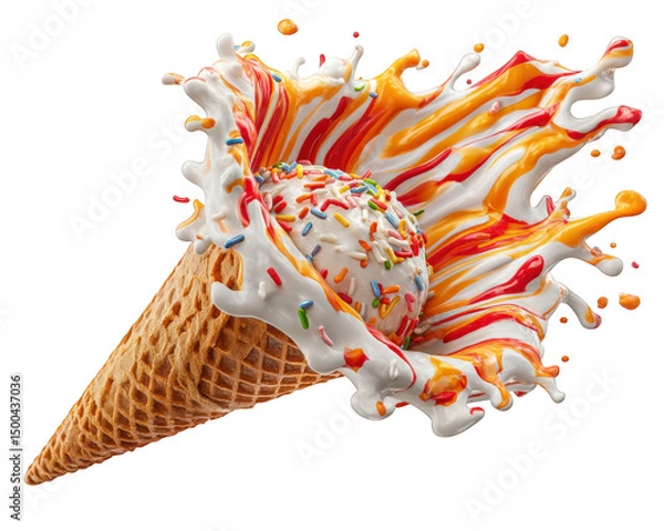 Fototapeta Vibrant ice cream cone with scoop of ice cream is splashing colorful toppings and creamy swirls, creating joyful and playful scene. burst of colors adds excitement and fun to this delicious treat