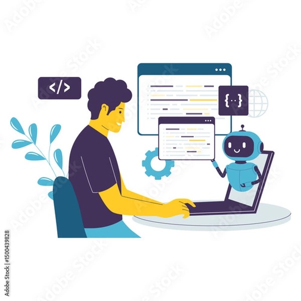 Fototapeta Flat Illustration of AI Coding Assistant Helping Developer with Programming Tasks. Illustrations for websites, landing pages, mobile apps, posters and banners