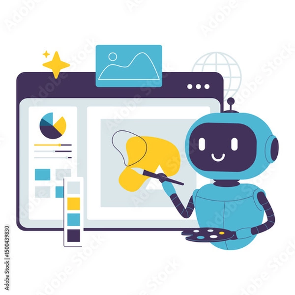 Obraz Flat Illustration of a AI Robot Creating Digital Art with a Paintbrush on a Computer Screen. Illustrations for websites, landing pages, mobile apps, posters and banners