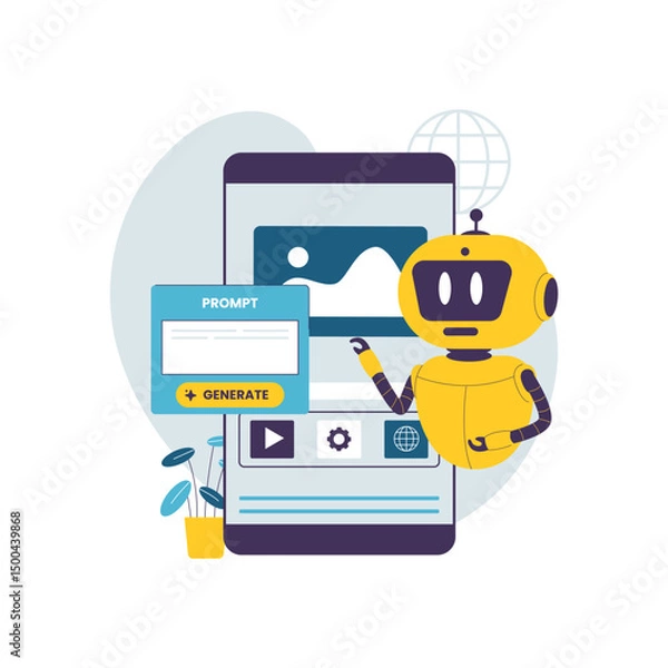 Fototapeta Flat Illustration of AI Robot Generating User Interface with Prompt. Illustrations for websites, landing pages, mobile apps, posters and banners
