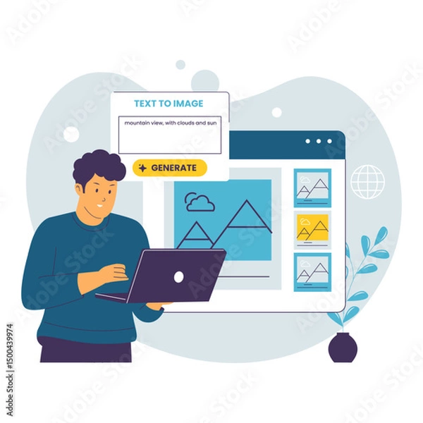 Fototapeta Flat Illustration of Man Using AI Text to Image Generator. Illustrations for websites, landing pages, mobile apps, posters and banners