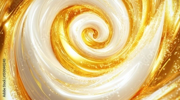 Fototapeta Gold and white swirling liquid textures in a circular pattern.