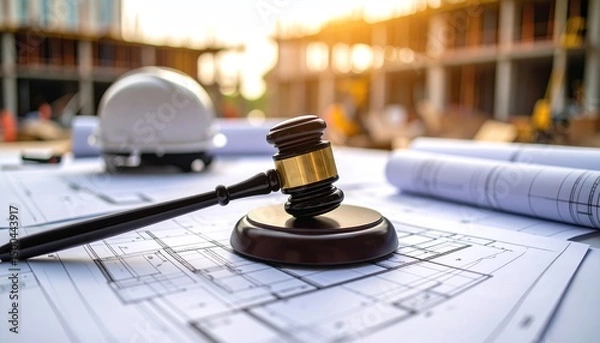 Fototapeta Gavel with blueprints, and construction site.