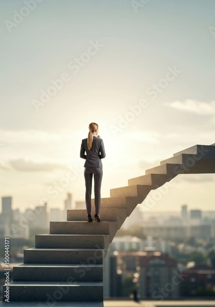Fototapeta Photo of a Woman Climbing Concrete Stairs Towards Cityscape on a Sunny Day