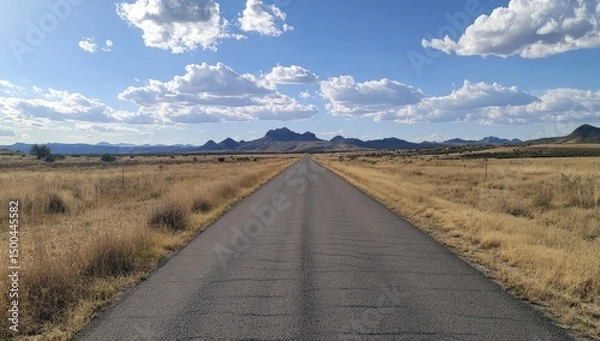 Obraz Empty road stretches into a vast, dry landscape under a partly cloudy sky