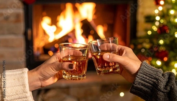 Fototapeta Couple toasting by fireplace with Christmas.