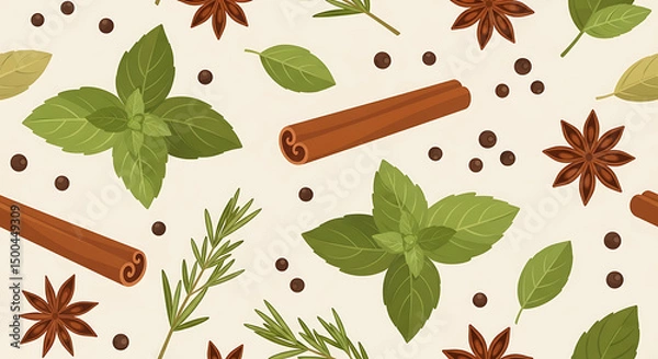 Fototapeta A seamless vector pattern of culinary spices and herbs: illustrated basil leaves, cinnamon sticks, peppercorns, and star anise on a light background.