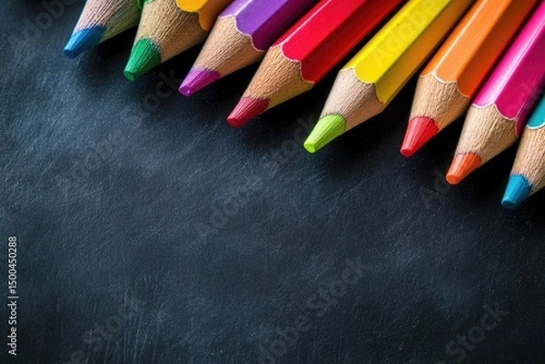 Obraz Colorful pencils arranged on a dark textured surface