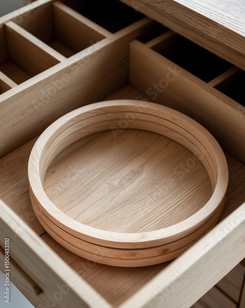 Obraz Wooden circle inside a wooden drawer with dividers. Close up studio shot.