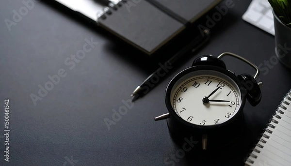Fototapeta Desk Clock with Office Supplies, and Time Management.