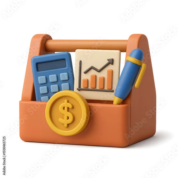 Obraz 3D render of toolbox with calculator, graph, pen and coin, concept for financial planning, business tools and financial growth