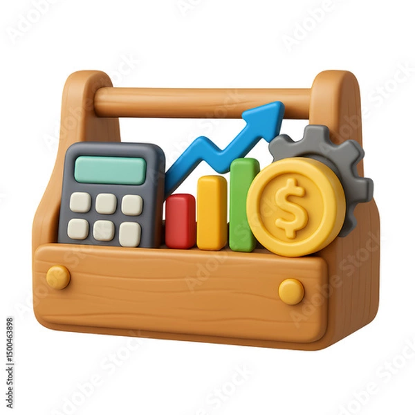 Obraz 3D rendering of a wooden toolbox containing a calculator, bar graph, upward arrow, and gold coin with dollar sign; concept for financial growth and business success