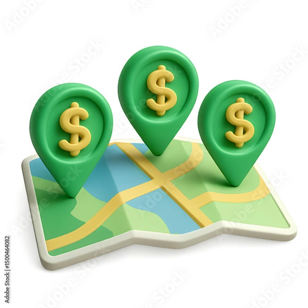 Obraz Three green location pins with dollar signs on a folded map, concept for financial location tracking and investment