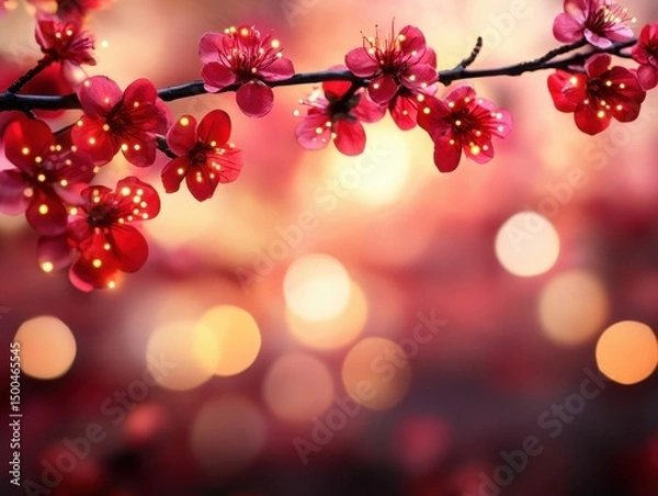 Fototapeta Rami di fiori rossi in primo piano con sfondo bokeh