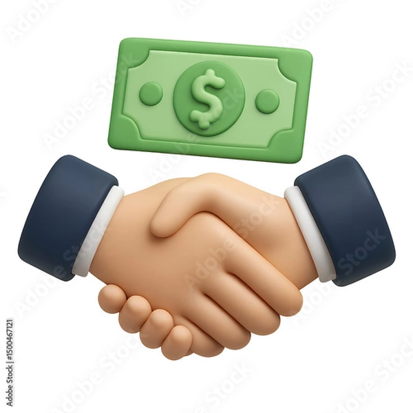 Obraz 3D cartoon hands in a handshake with a green money bill above, concept for financial deals and business partnerships