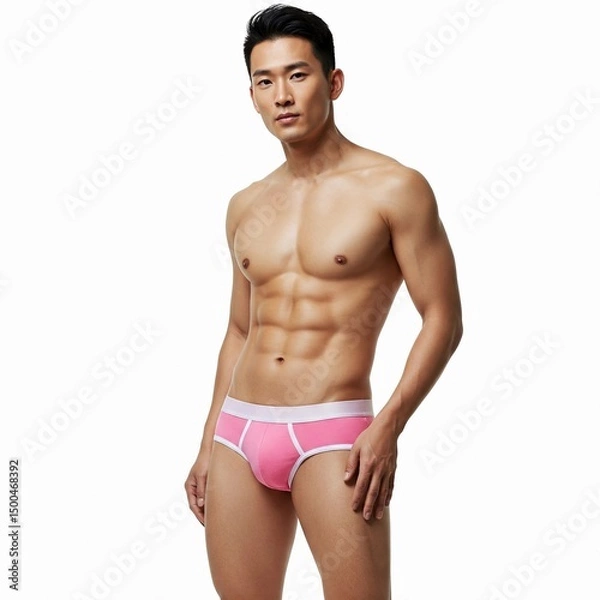 Fototapeta A fit young man poses confidently in pink briefs against a plain white background, showcasing a toned physique and stylish appearance in a studio setting.