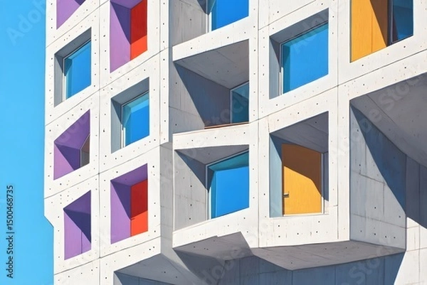 Fototapeta Concrete Building Facade with Colorful Window Accents and Clear Blue Sky