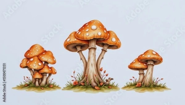 Fototapeta Charming orange mushrooms enchanted forest digital art fantasy environment close-up view nature's wonders