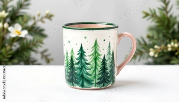 Fototapeta Hand-painted forest mug showcase artisan studio product photography minimalist setting close-up view nature-inspired design