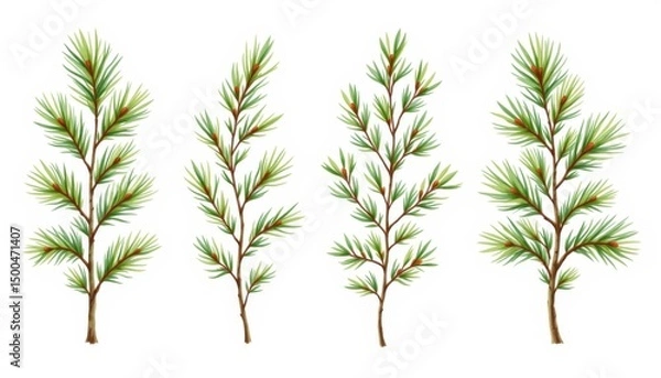Fototapeta Pine branches illustration nature botanical art isolated detailed view decorative design
