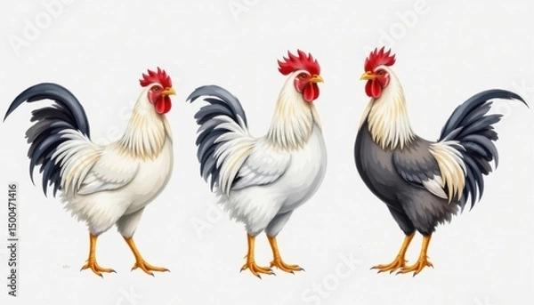 Fototapeta Vibrant roosters displaying colors farmyard illustrative art outdoor close-up poultry diversity